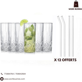 Lot de 6 tasses transparents en verre 12 pailles transparente offerts