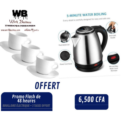 Achat _ Bouilloire Electrique (2 Litres) Inox + Lot de 3 tasses sous tasse offert