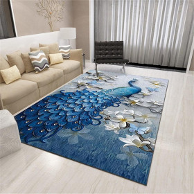 Tapis décoratif de salon Beau motif paon bleu et floral 2M sur 1M60
