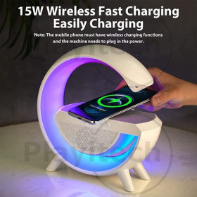 Lampe LED Intelligente, Horloge, Charge Rapide Sans Fil, Haut Parleur Bluetooth